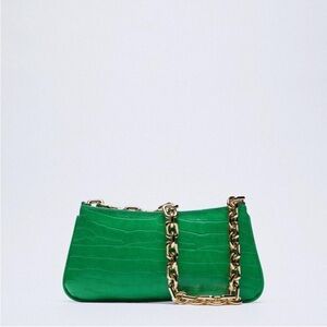 Zara Green Croc Texture Gold Shoulder Chain Purse Bag